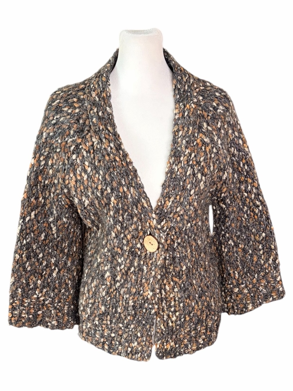 Leo & Nicole Marled Tweed Button-Front Cardigan in Gray and Tan